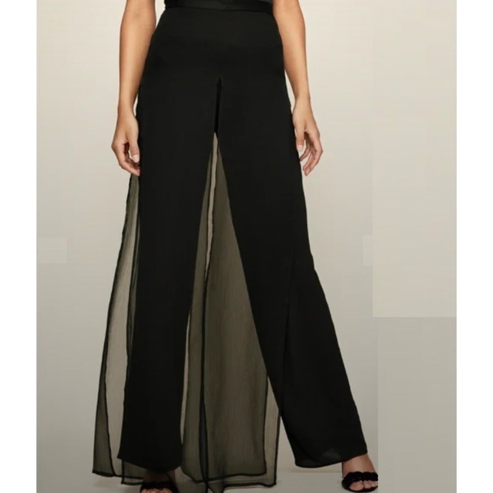 Tadashi Shoji Black Palazzo Pants Women's XL Flare Leg Mesh Overlay